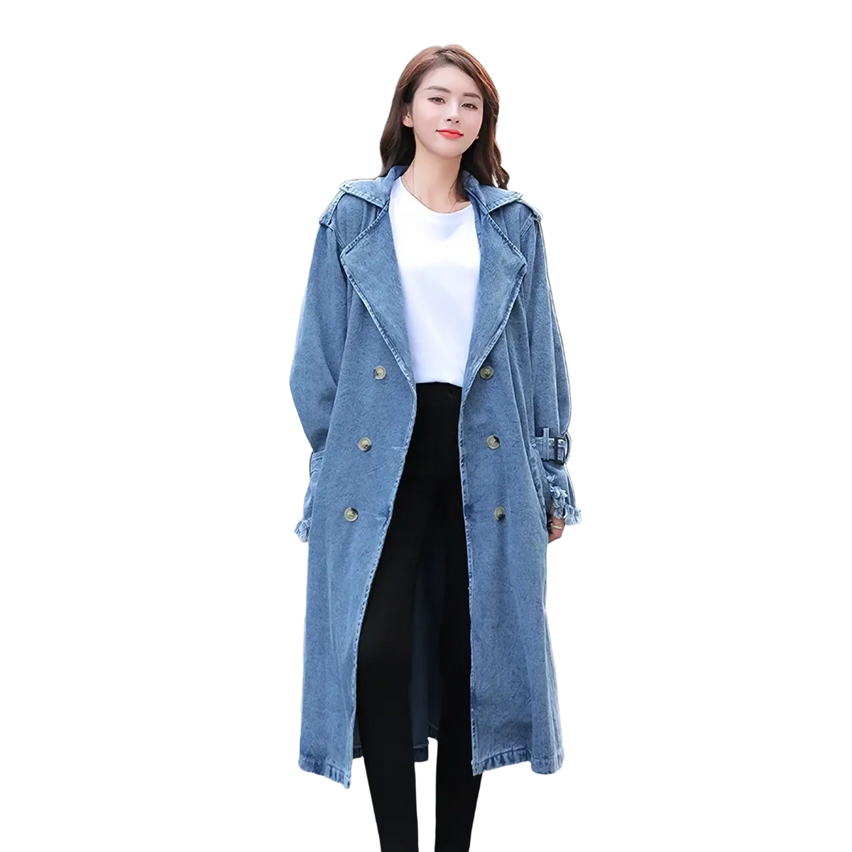 Blue denim trench coat women maxi with double-breasted front and buttoned cuffs for autumn y2k style