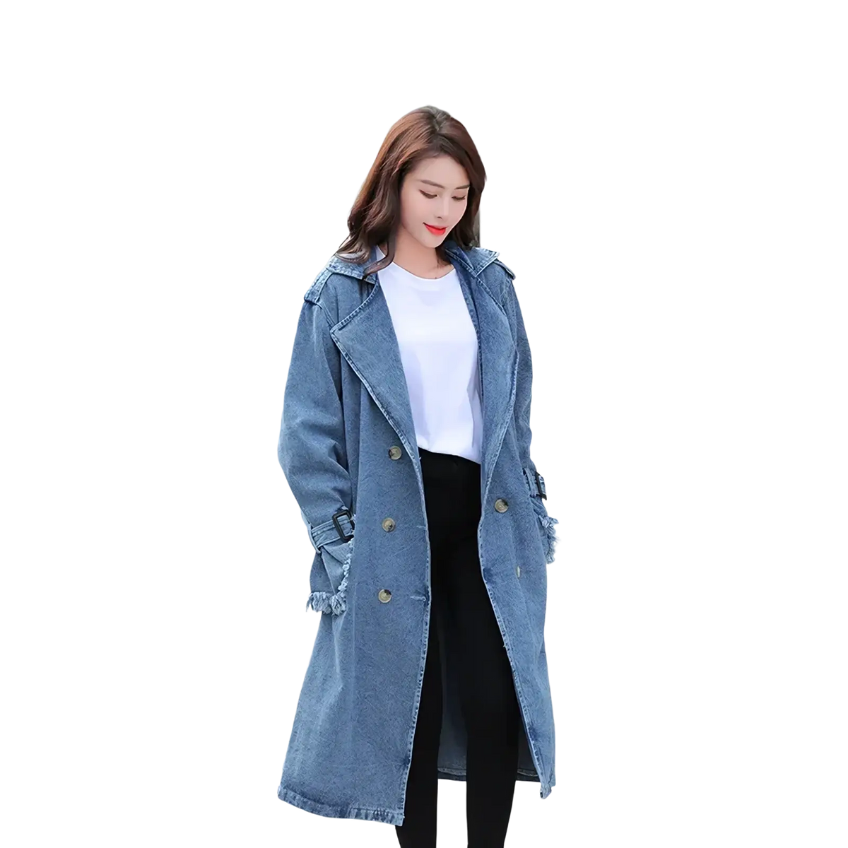 Blue denim trench coat for women with frayed hem and cuffs maxi belted y2k style for autumn wear