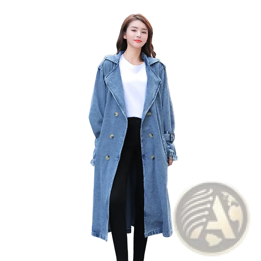 Blue denim trench coat women maxi with double-breasted front and buttoned cuffs for autumn y2k style