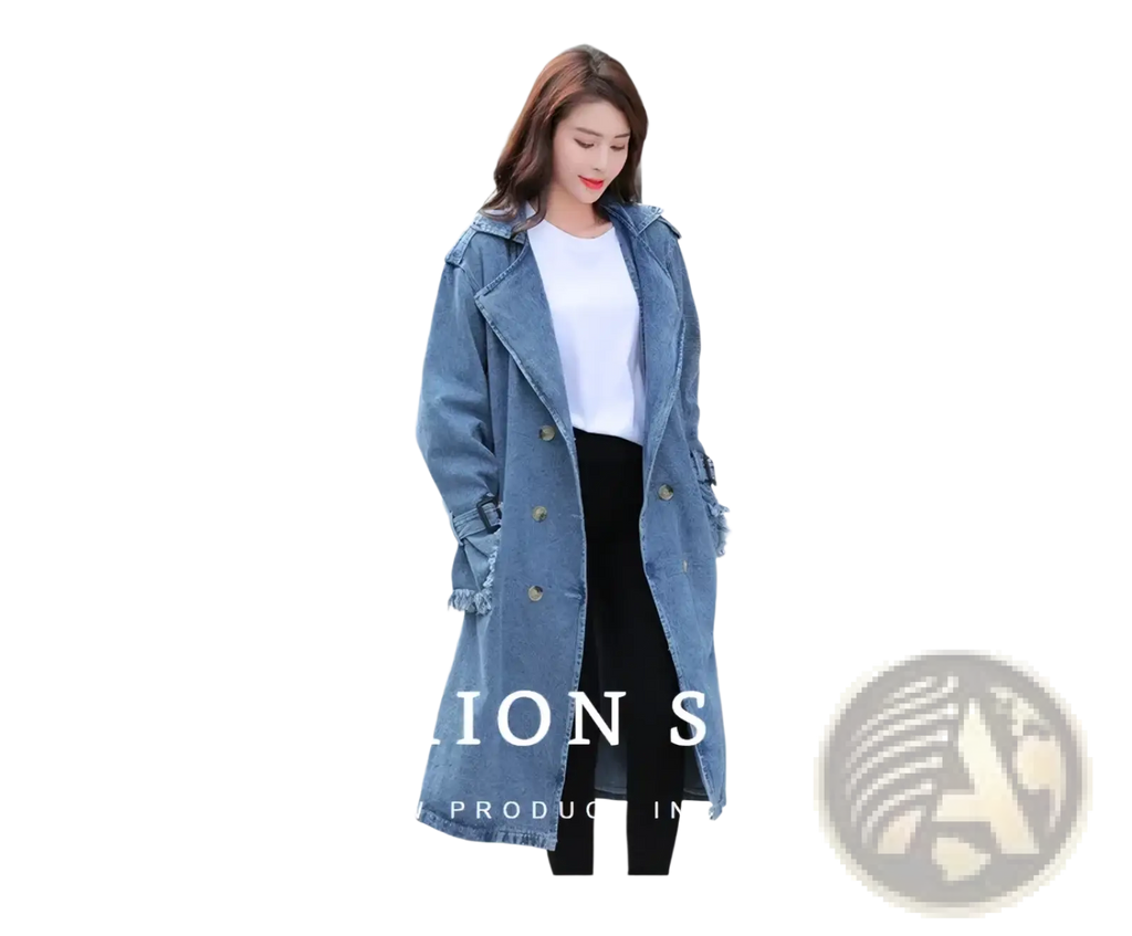 Blue denim trench coat women maxi belted with frayed hem and cuffs suitable for autumn y2k fashion