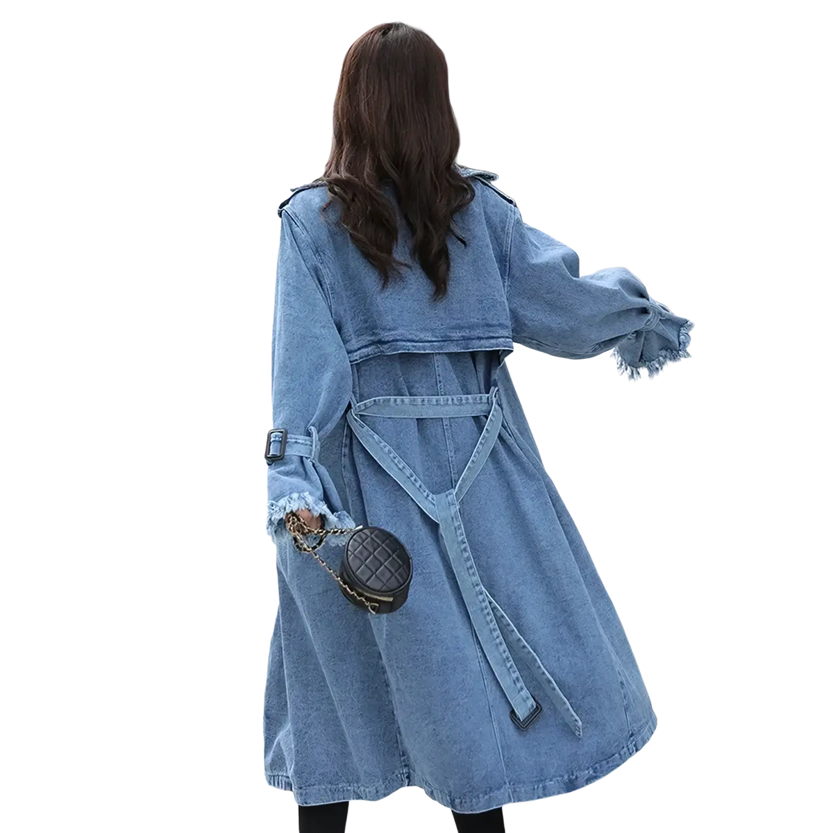 Light blue denim trench coat for women with frayed cuffs and belted waist perfect for autumn maxi wear