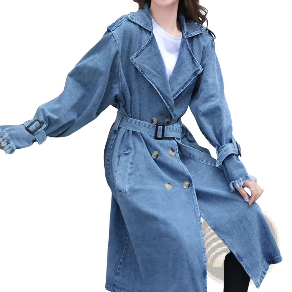 Denim trench coat women maxi belted y2k autumn in medium-wash blue with gold-tone buttons and frayed cuffs
