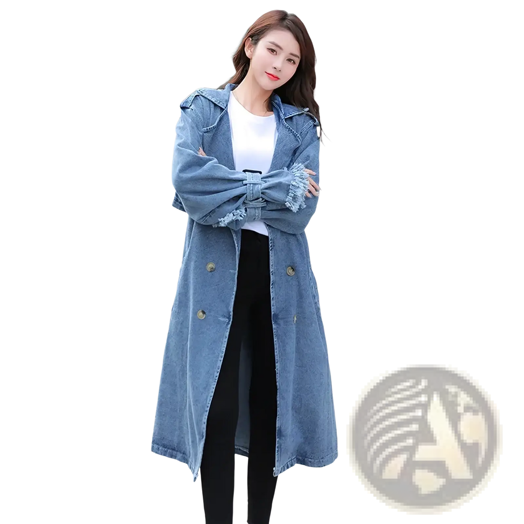 A medium-wash blue denim trench coat with frayed cuffs and belted waist for women autumn maxi style Y2k