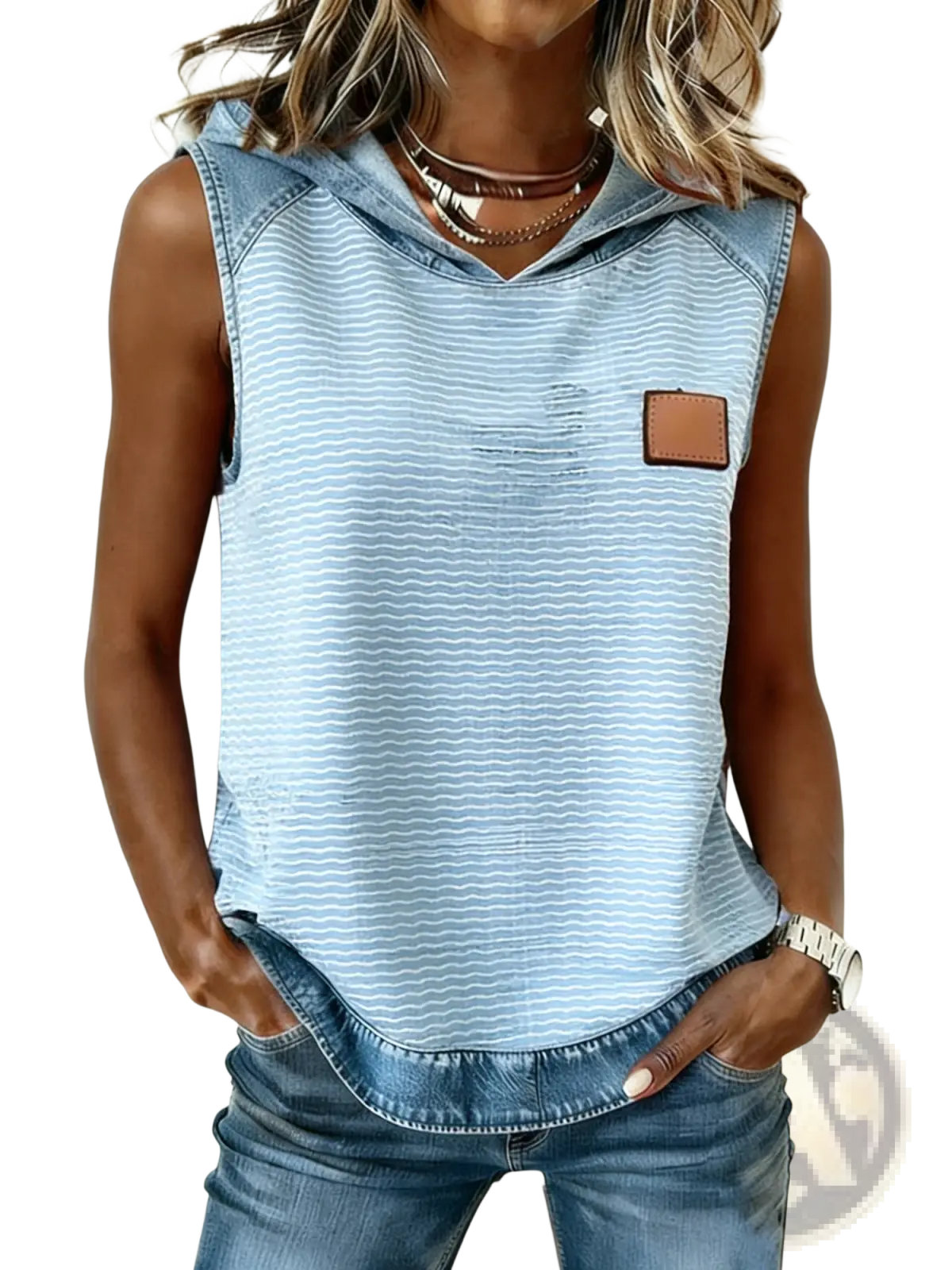 Light blue and white wavy striped sleeveless hoodie with denim shoulder panels and brown leather chest patch