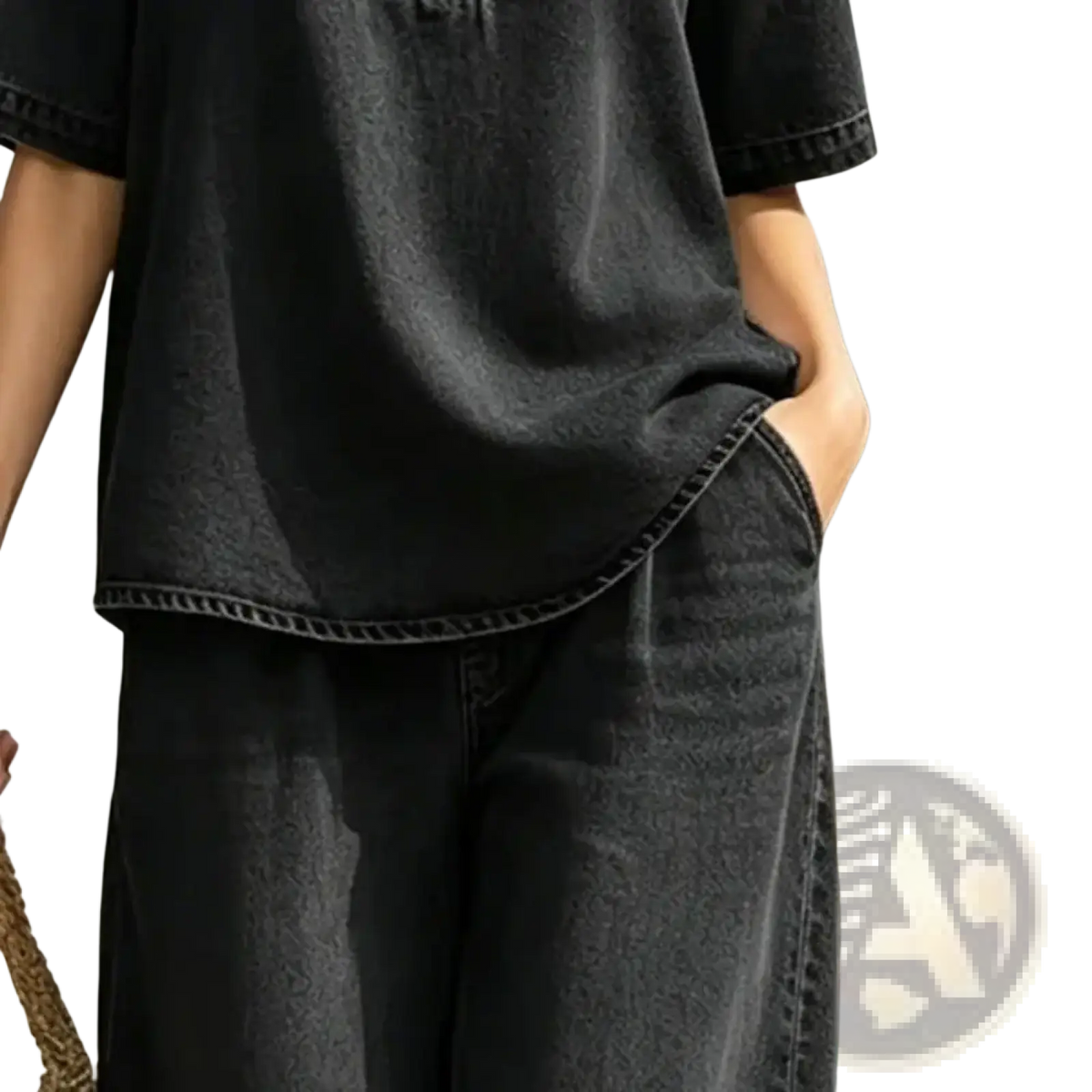 Black denim short-sleeved shirt with relaxed fit and visible stitching from denim two piece outfit v neck top set