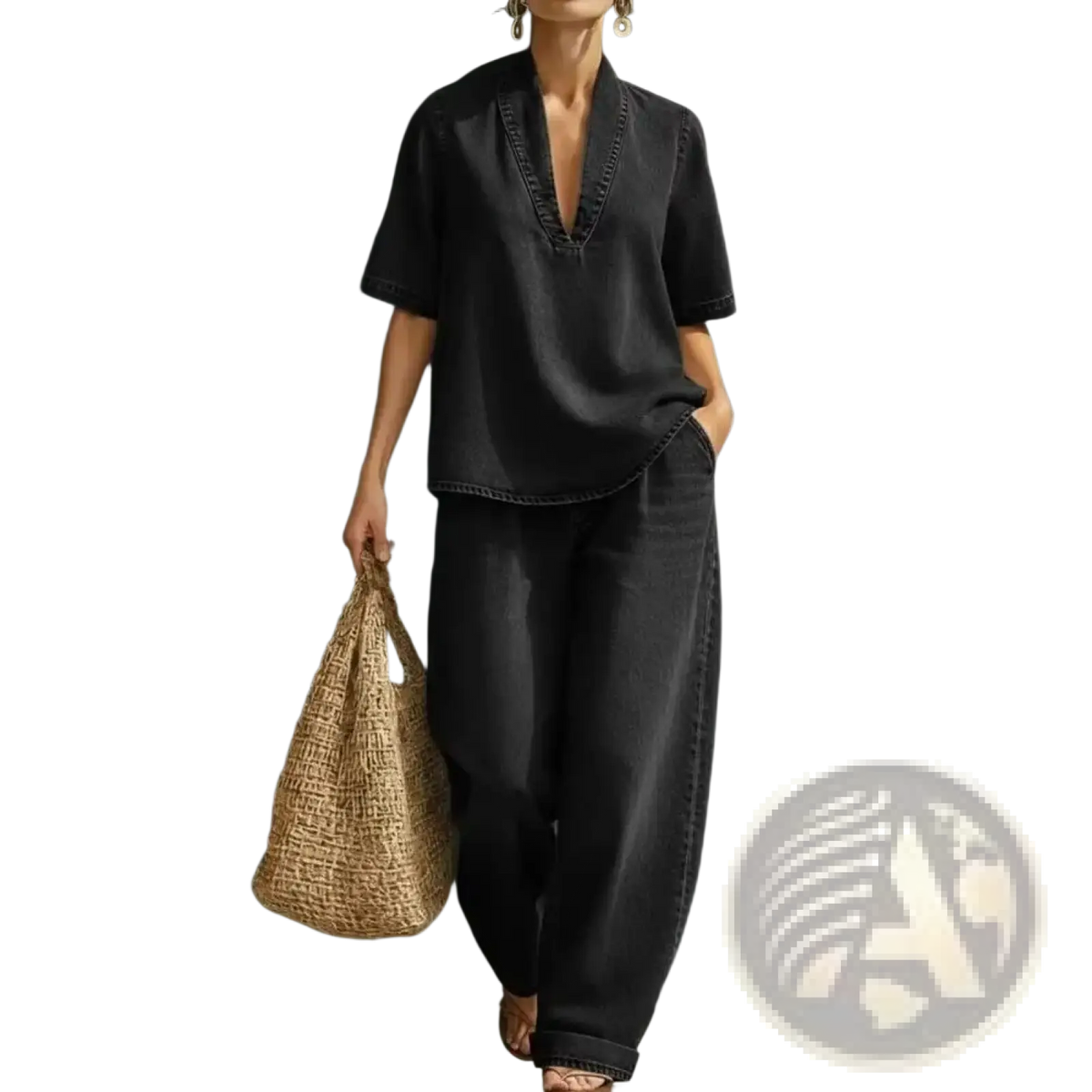 Black denim two piece outfit featuring a v neck top with short sleeves and matching wide leg pants