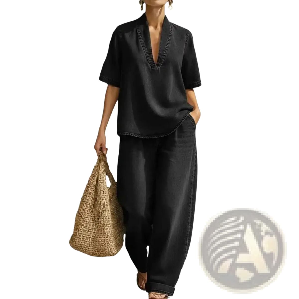 Black denim two piece outfit featuring a v neck loose fitting top and wide leg pants for casual wear