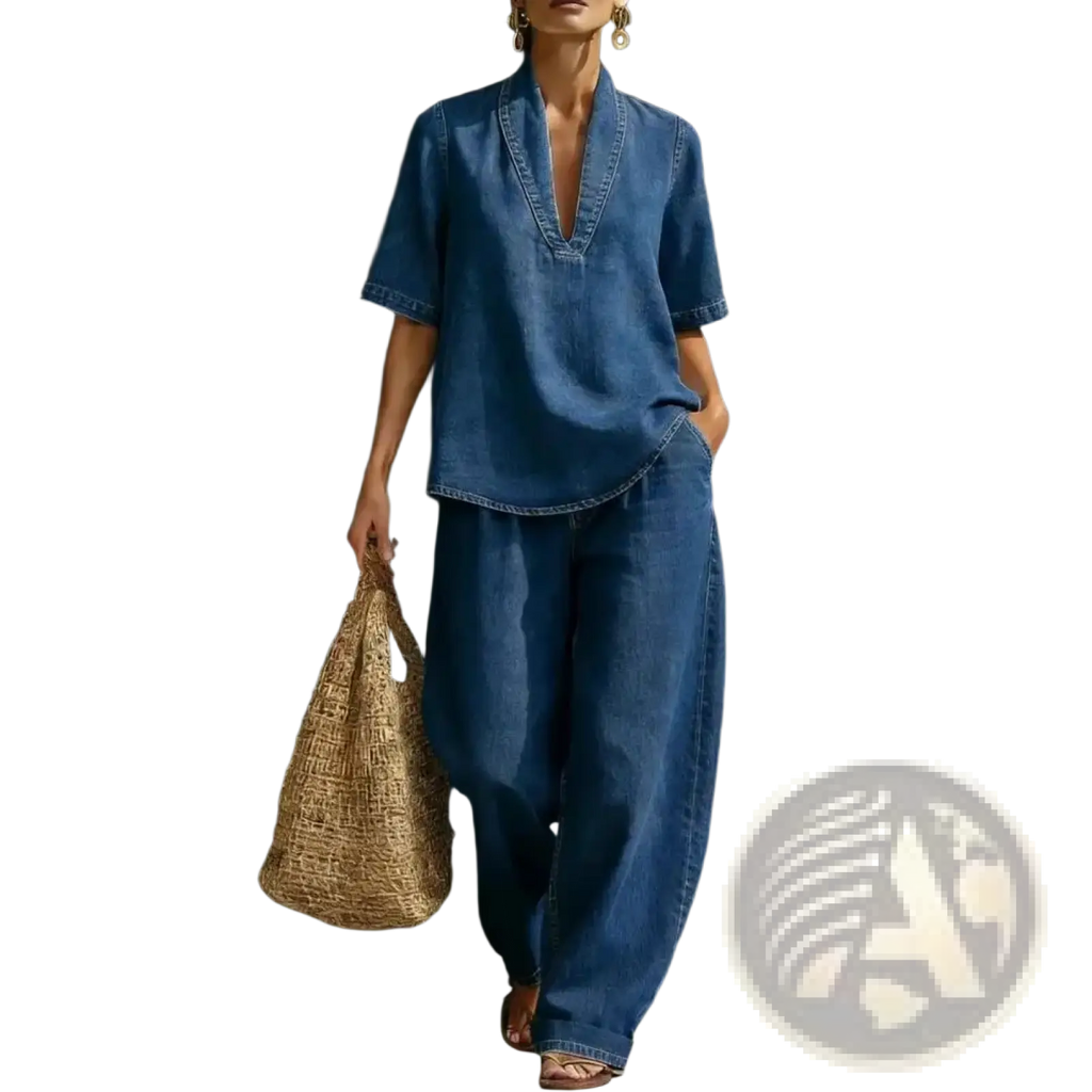 Blue denim two-piece outfit with v-neck top and wide-leg pants made from denim fabric for casual wear