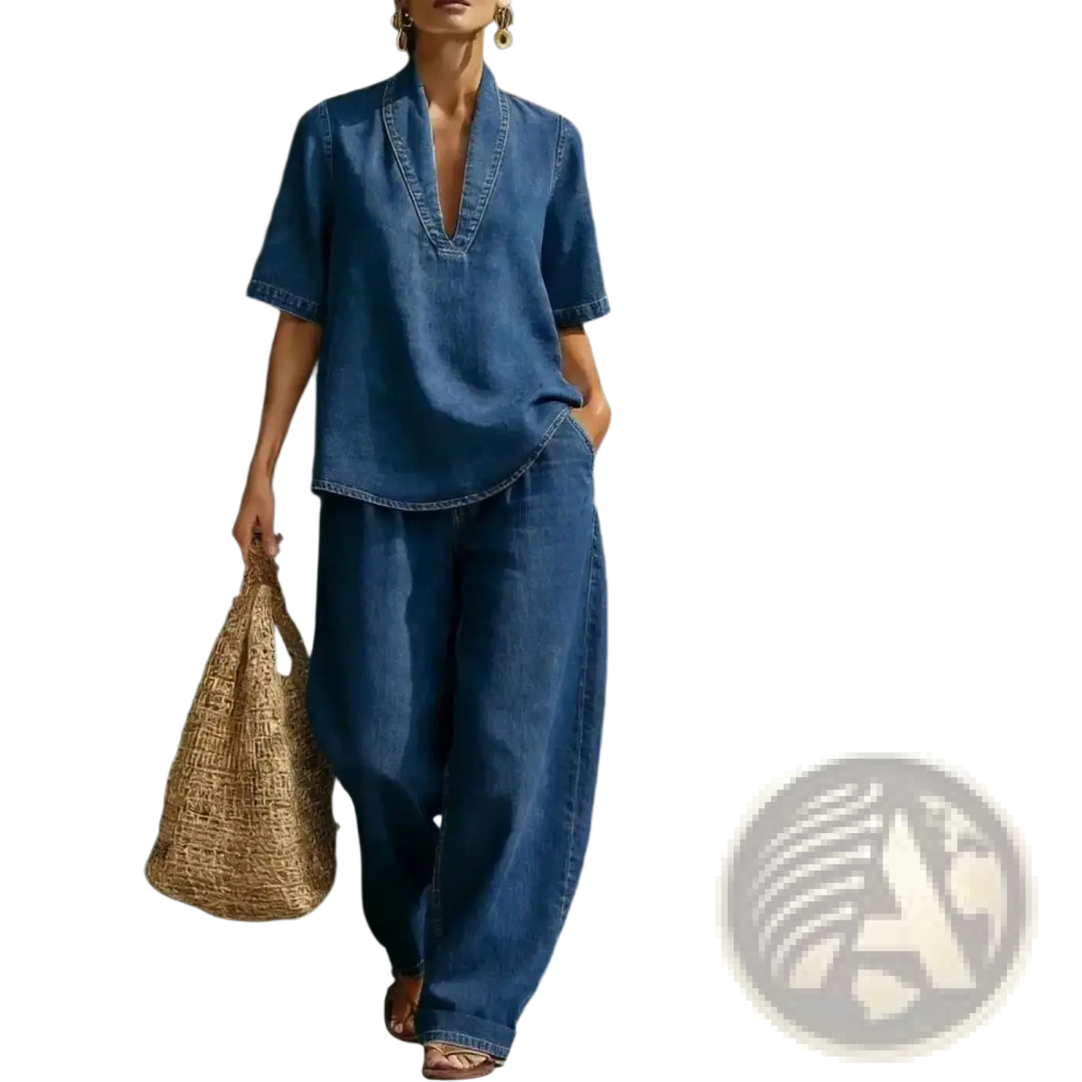 Blue denim two-piece outfit featuring a v-neck top and wide-leg pants ideal for casual wear