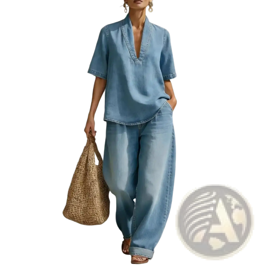 Light blue denim two-piece outfit with v-neck short sleeve top and wide leg pants for casual wear