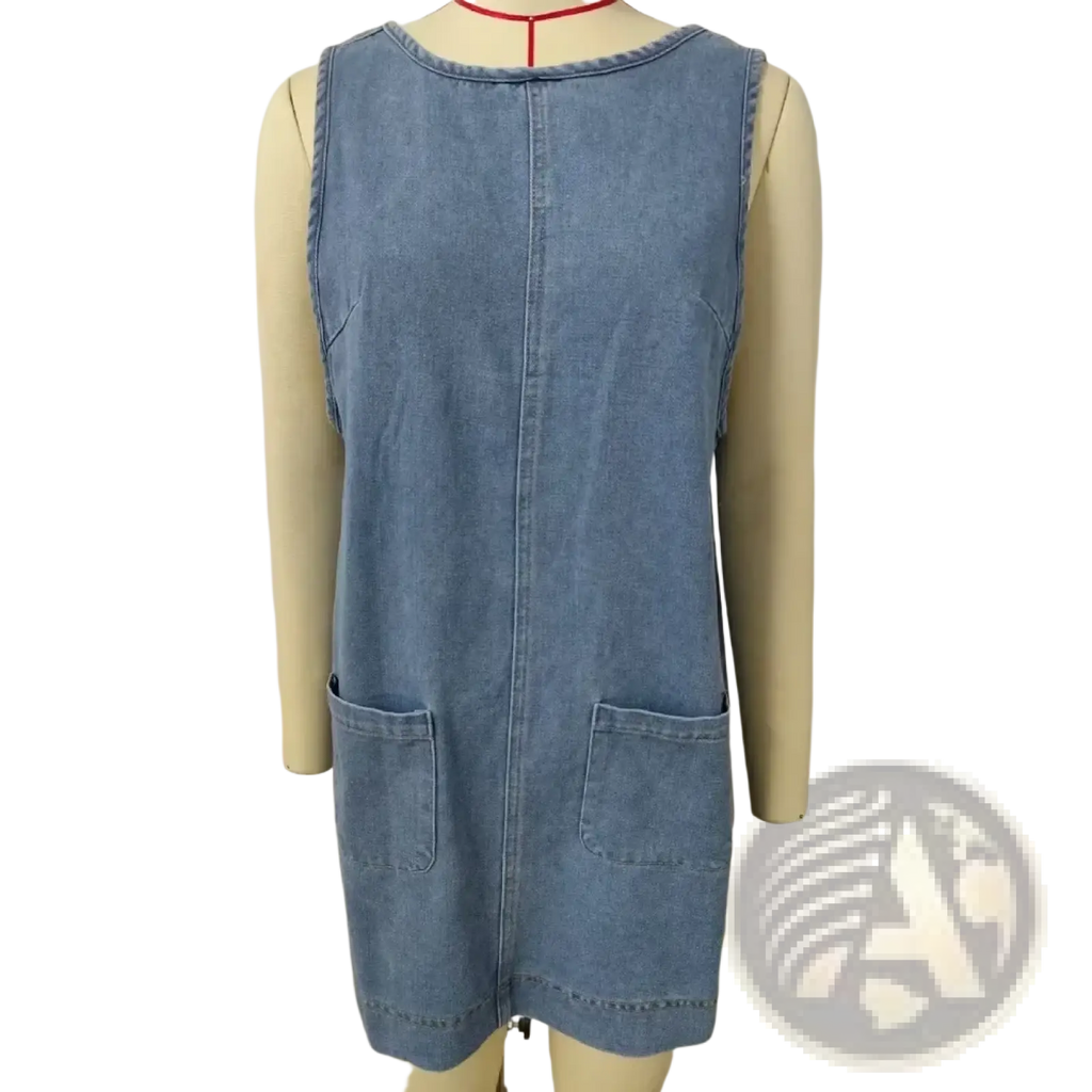 A light blue denim sleeveless vest dress with off shoulder style, front zipper, and two lower patch pockets