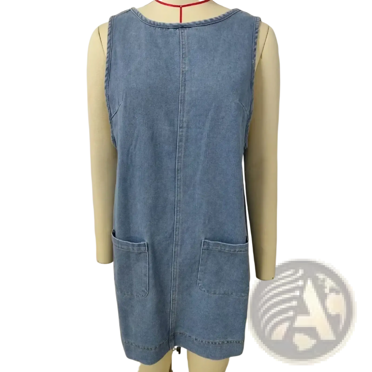 A light blue denim sleeveless vest dress with off shoulder style, front zipper, and two lower patch pockets