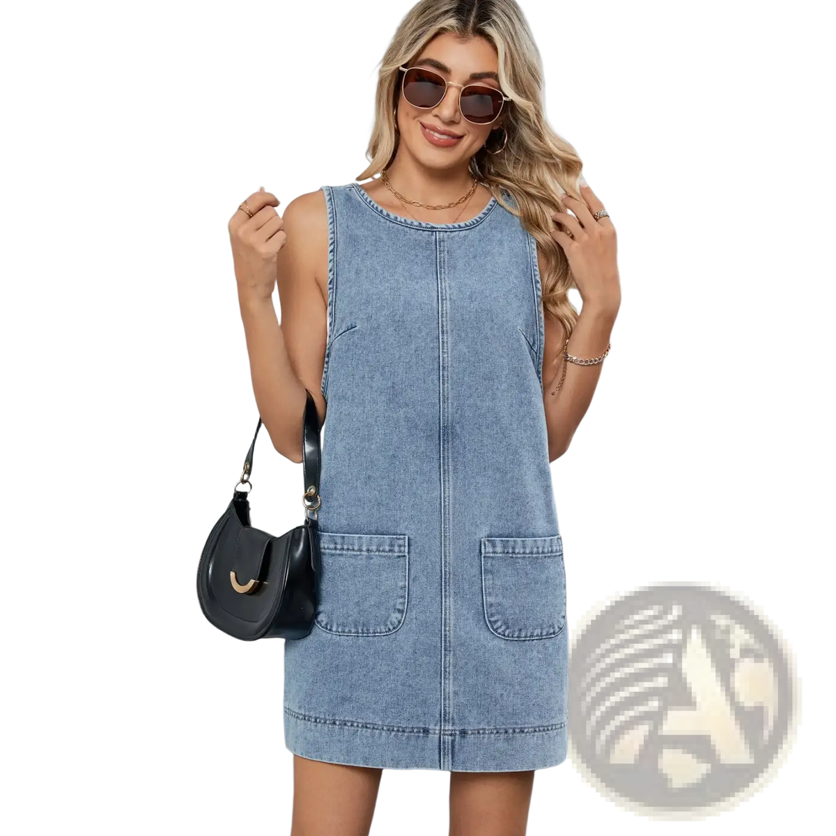 Light blue denim sleeveless off shoulder mini dress with rounded neckline and two front pockets
