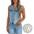 Light-wash denim sleeveless vest with button front closure and two chest pockets for casual women wear