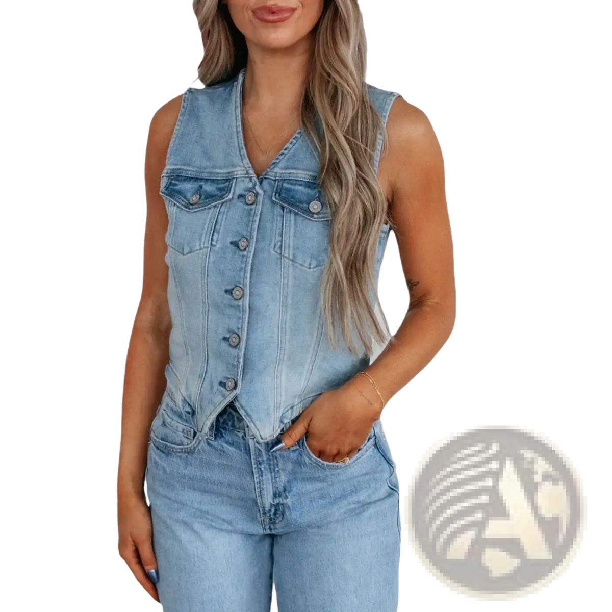 Light-wash denim sleeveless vest with button front closure and two chest pockets for casual women wear