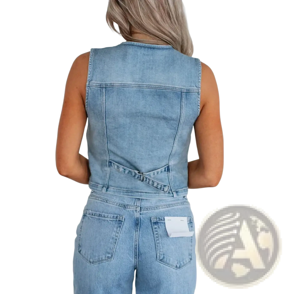 Light blue denim vest women casual sleeveless crop with back zipper and belt detail for everyday wear