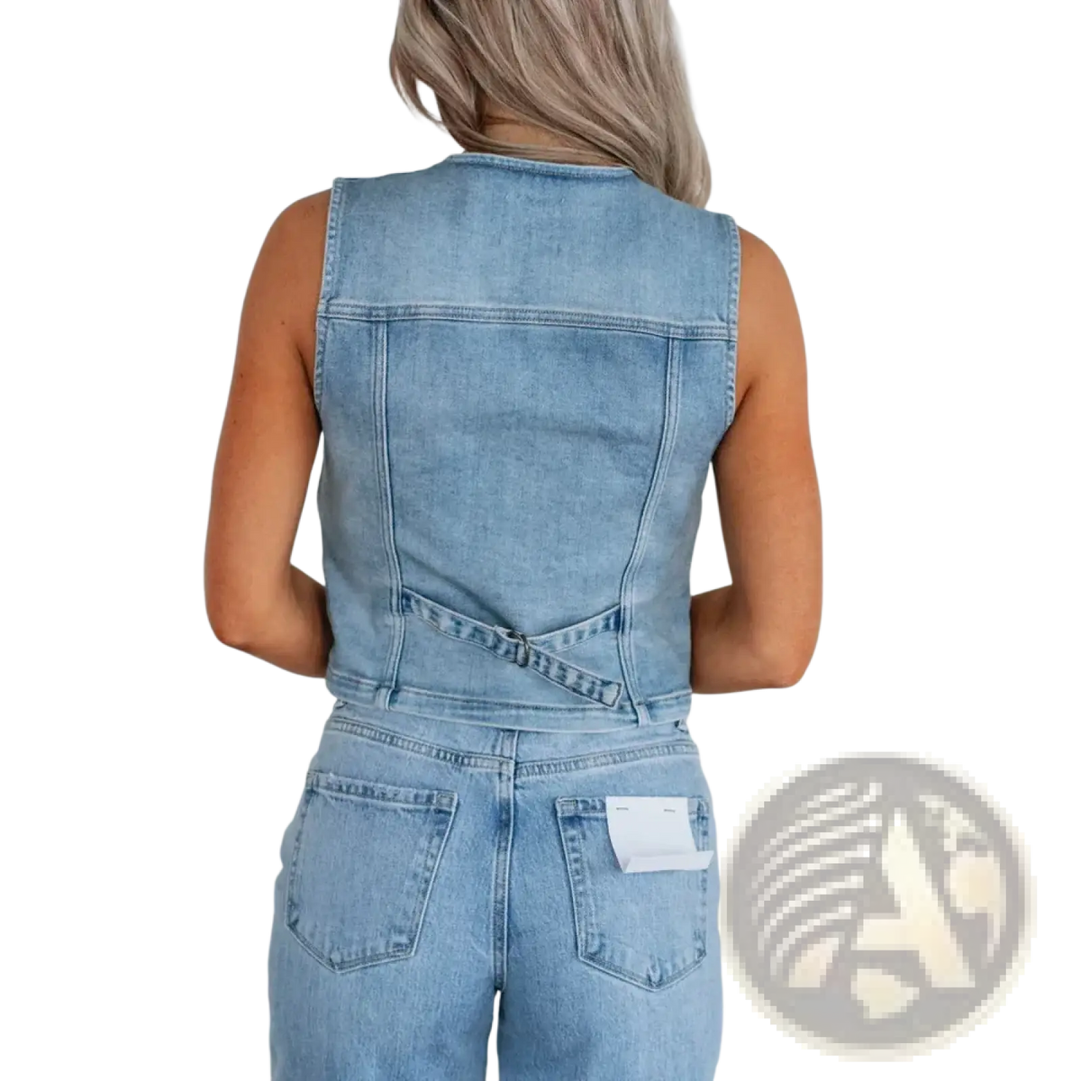 Light blue denim vest women casual sleeveless crop with back zipper and belt detail for everyday wear