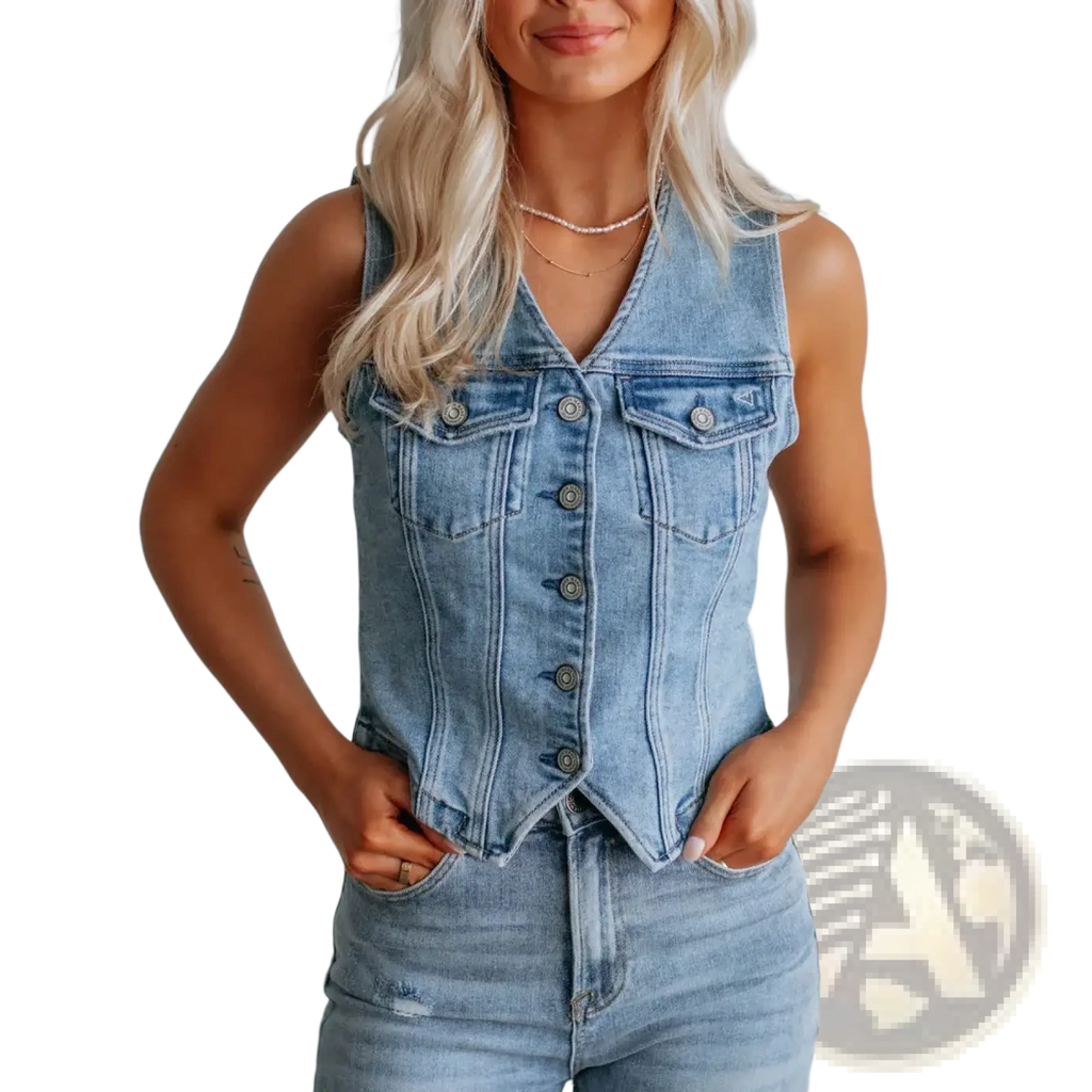 Light-wash denim sleeveless vest with button front closure and two chest pockets for casual women’s wear