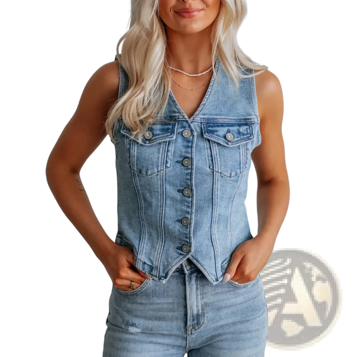 Light-wash denim sleeveless vest with button front closure and two chest pockets for casual women’s wear