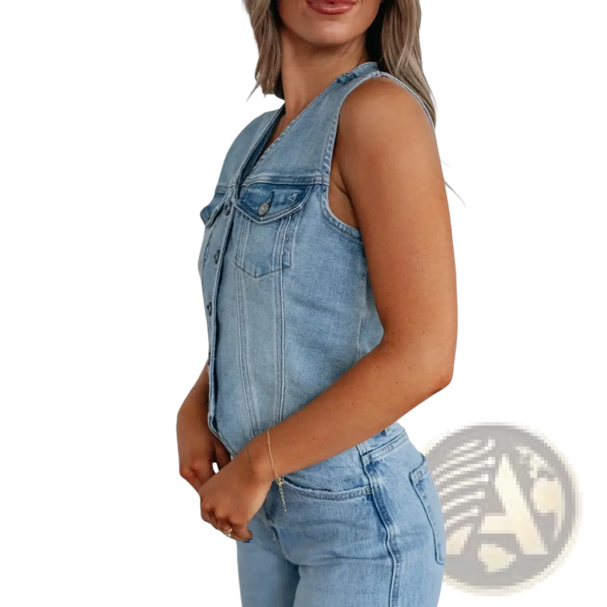 Light-wash denim sleeveless vest with button-front closure and classic chest pockets for casual wear women
