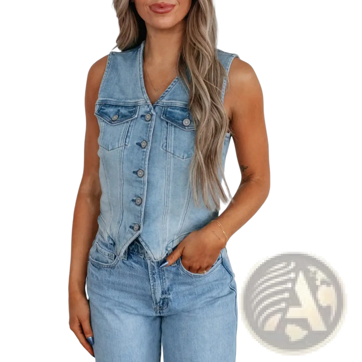 Light-wash denim vest women casual button front crop sleeveless with two chest pockets and button closure