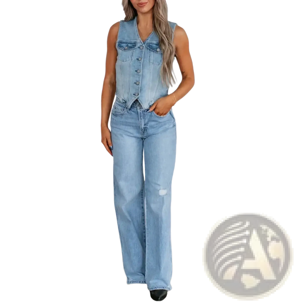 Light-wash denim sleeveless vest with button front closure and front pockets paired with wide-leg jeans for casual wear