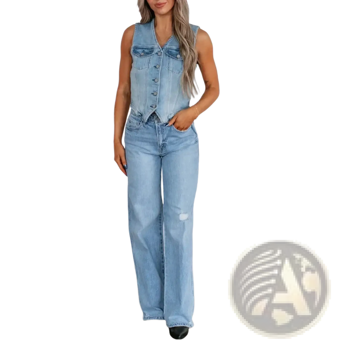 Light-wash denim sleeveless vest with button front closure and front pockets paired with wide-leg jeans for casual wear