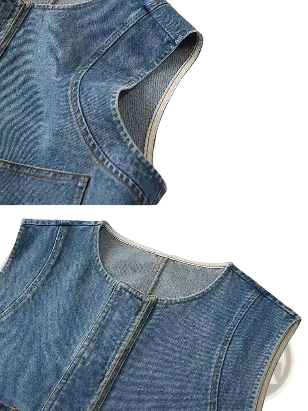 Blue denim sleeveless vest women casual pocket top with rounded neckline and visible stitching details