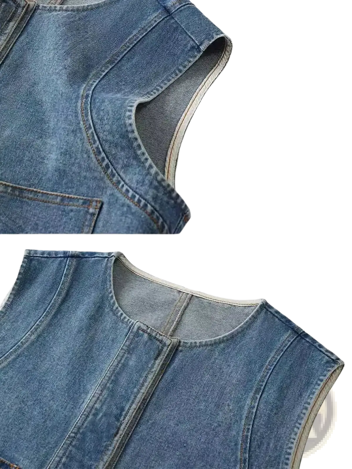 Blue denim sleeveless vest women casual pocket top with rounded neckline and visible stitching details