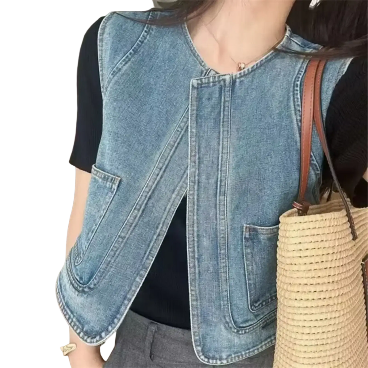 Light-wash denim vest with front zipper closure and two patch pockets for women casual sleeveless pocket top