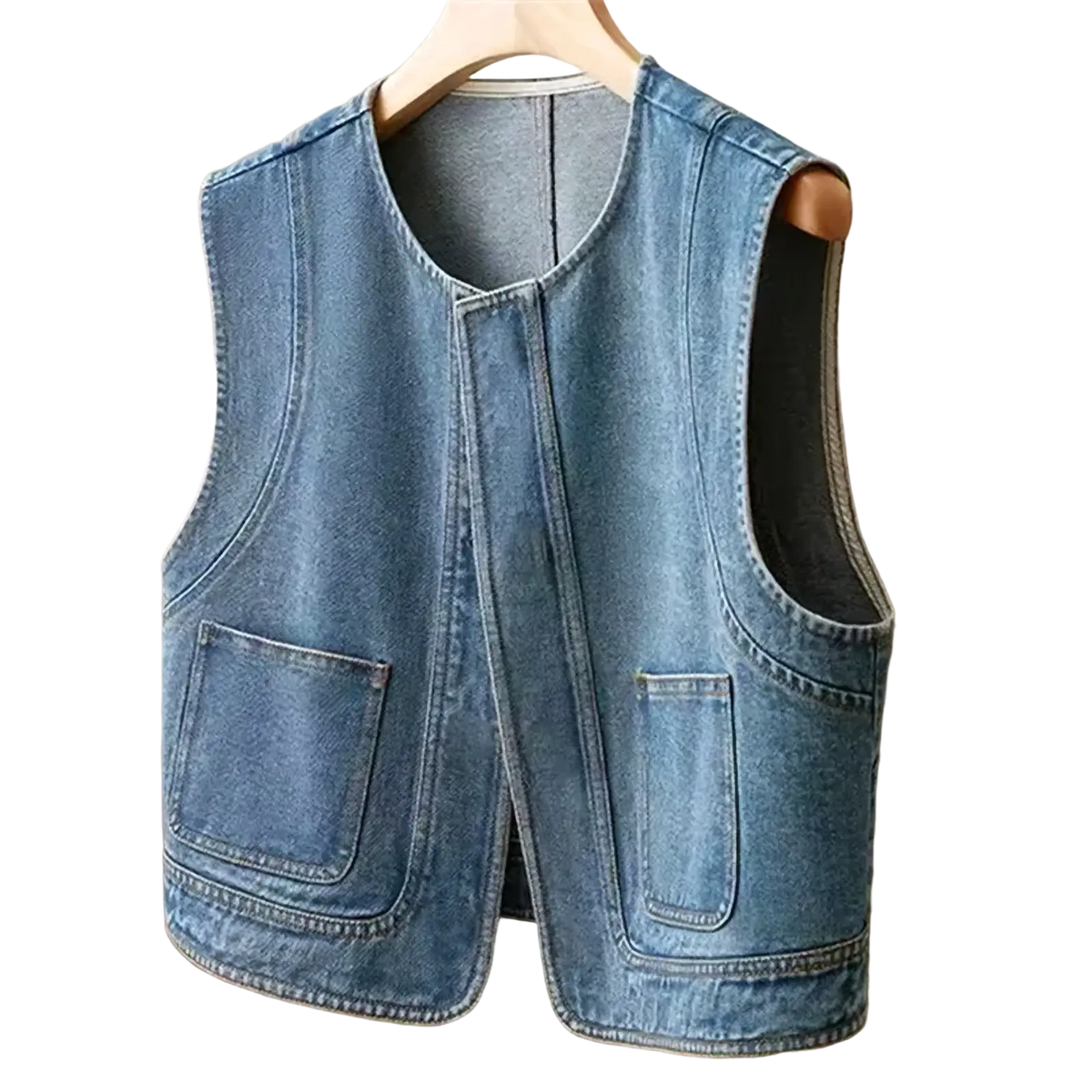 Light-wash denim vest women casual sleeveless pocket top with two front pockets and simple design