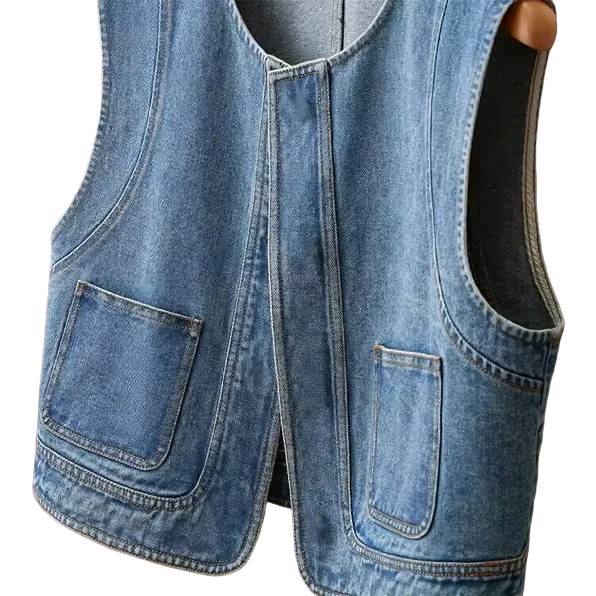 Light-wash denim vest for women with two front pockets and a casual sleeveless design