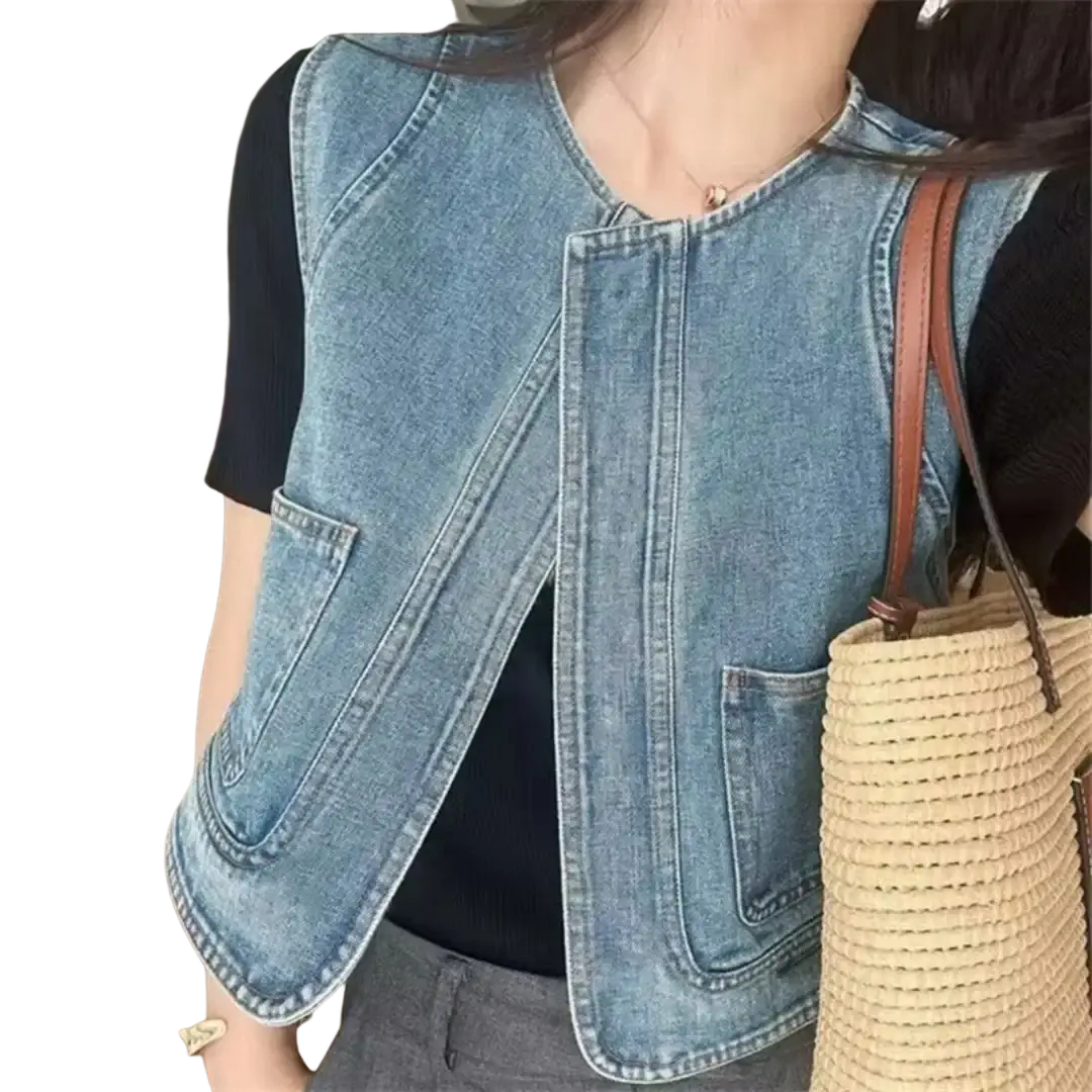 Light-wash denim vest with front zipper closure and two patch pockets for women casual sleeveless pocket top