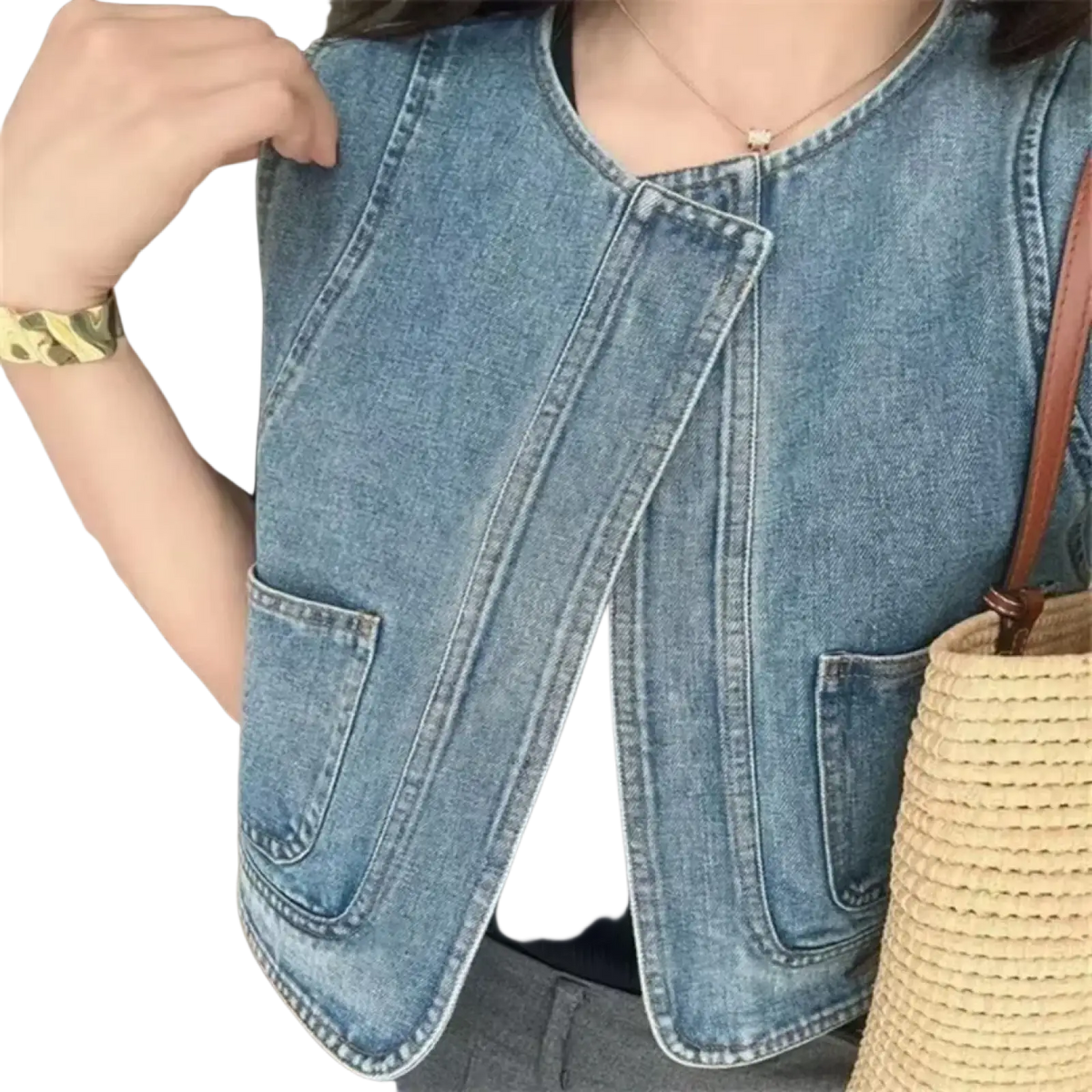 Light-wash denim vest women casual sleeveless pocket top with front flap closure and two side pockets