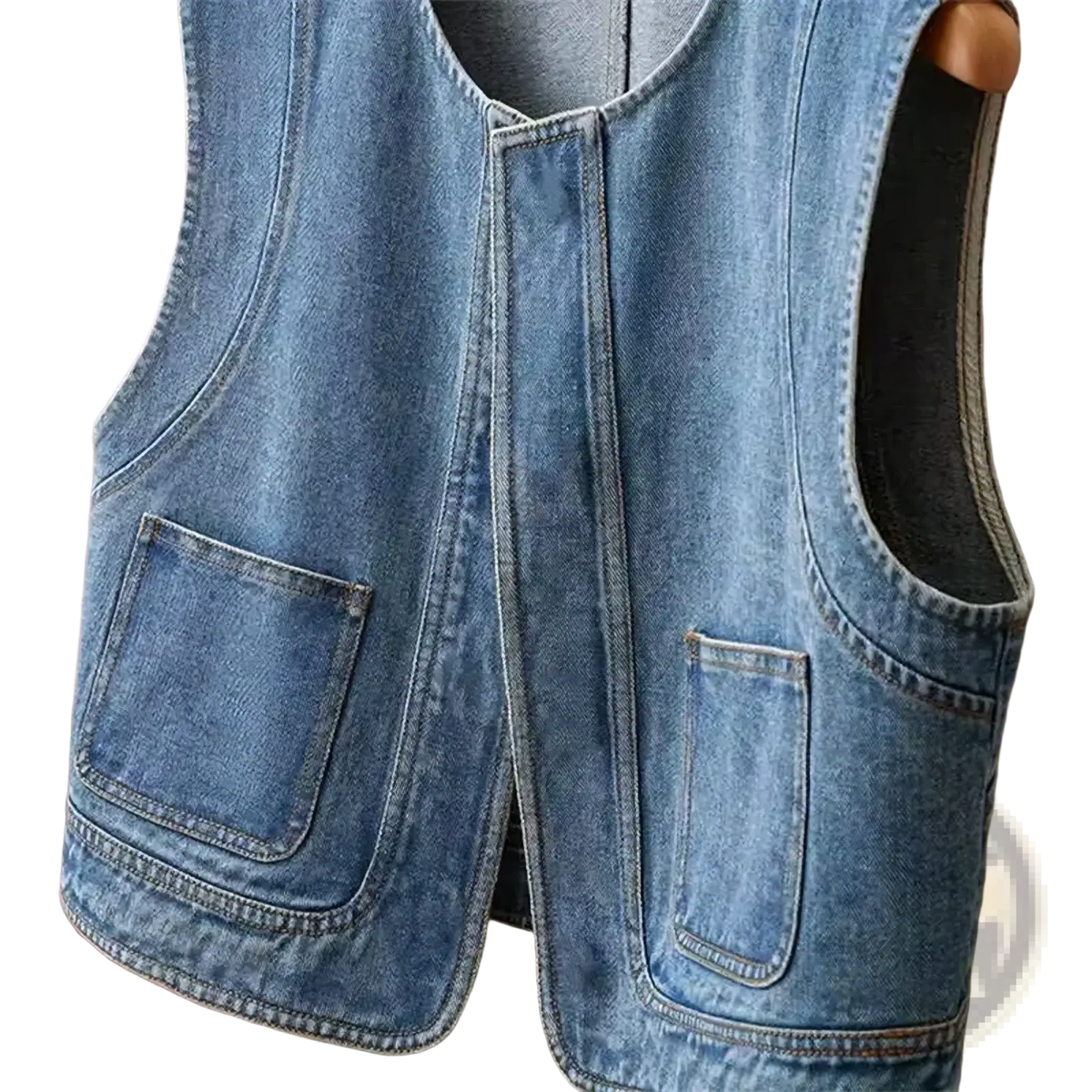 Light-wash denim vest for women with two front pockets and a casual sleeveless design