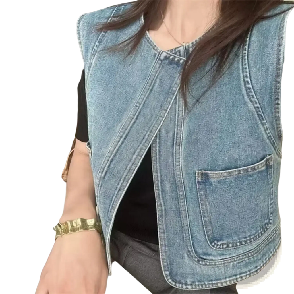 Light-wash denim vest women casual sleeveless pocket top with front zipper closure and one patch pocket