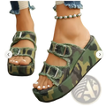 Denim wedge buckle sandals with camouflage platform, frayed edges, and silver-toned buckle straps