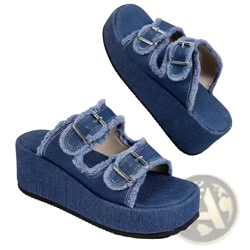 Blue denim wedge sandals with frayed edges and silver buckle straps featuring a platform design
