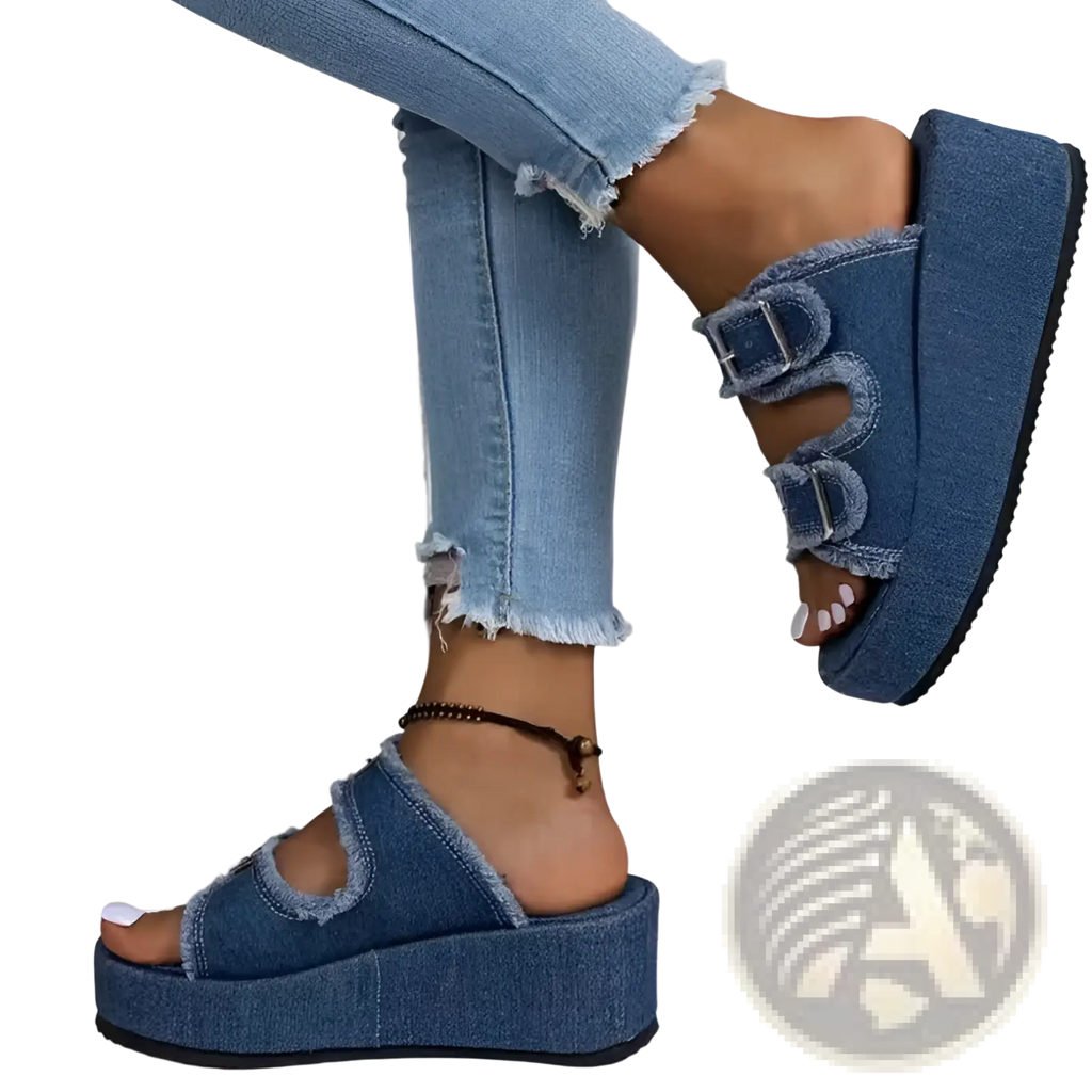 Denim wedge buckle sandals with blue denim platform, two adjustable straps, and frayed edge design