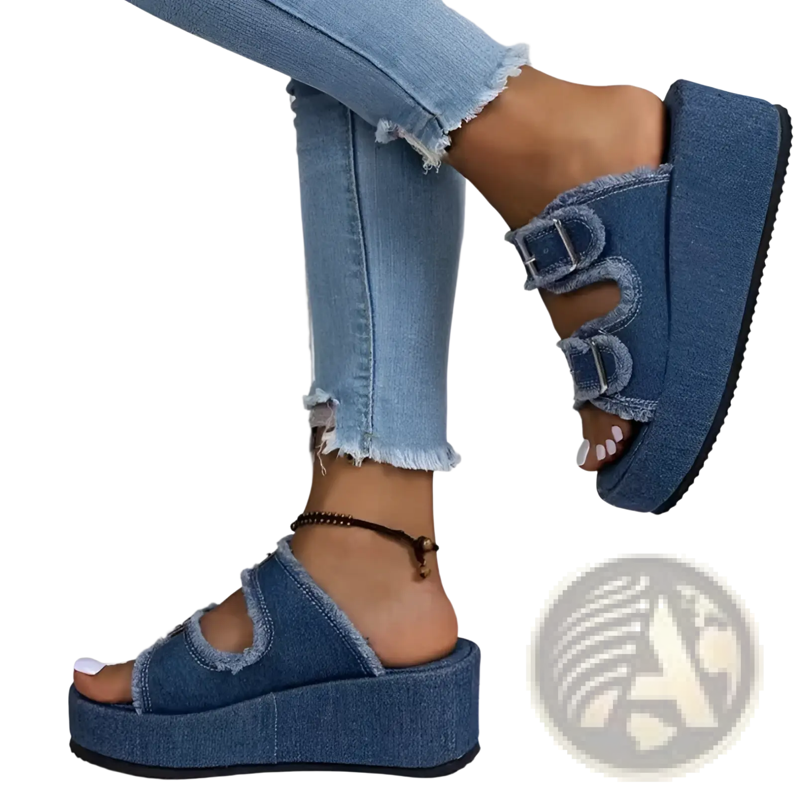 Denim wedge buckle sandals with blue denim platform, two adjustable straps, and frayed edge design