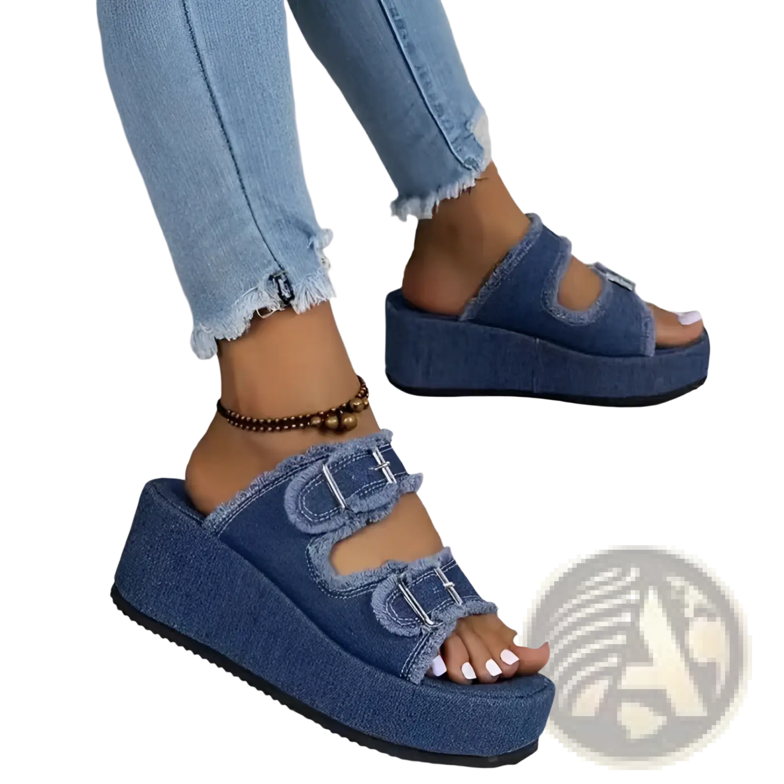 Blue denim platform sandals with two buckle straps and frayed edges featuring a thick wedge sole