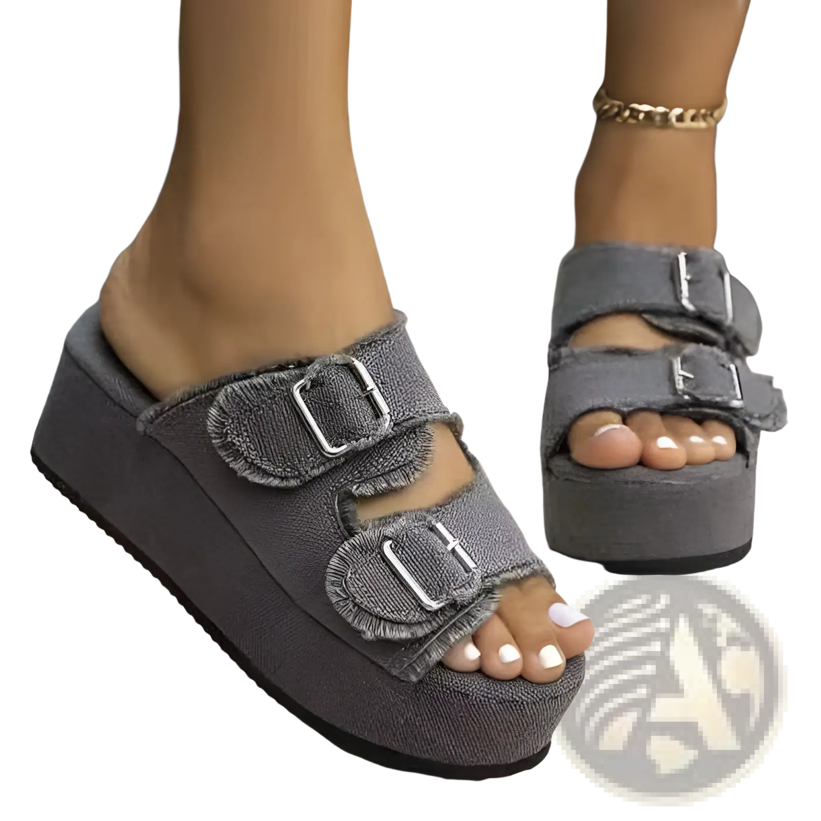 Gray denim wedge buckle sandals with two silver buckles and frayed edge platform shoes shown from the back side