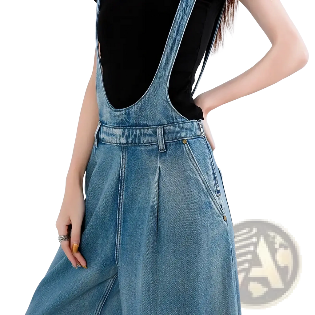Blue denim wide leg overalls with a high-waisted loose fit and adjustable straps casual jeans pants