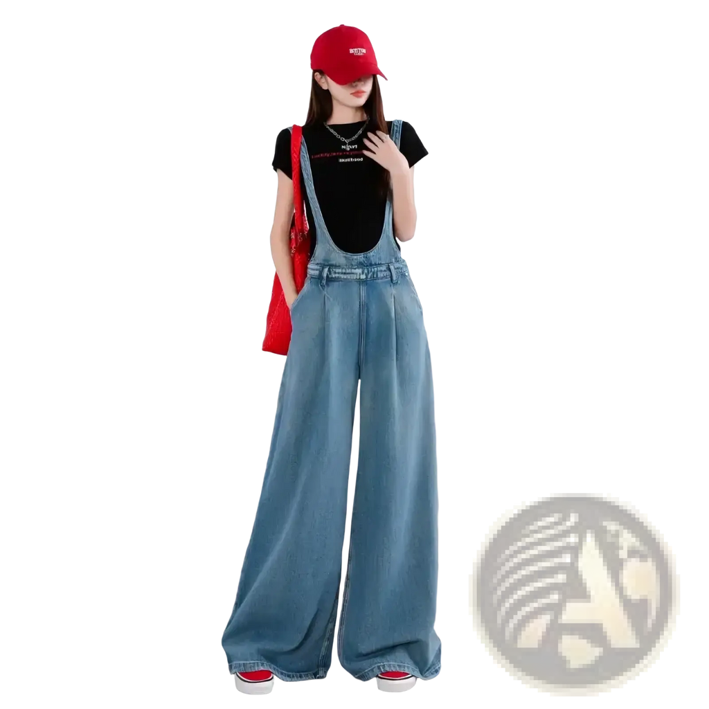 Light-wash denim wide leg overalls with a relaxed high-rise fit and adjustable straps for casual wear
