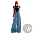 Light-wash denim wide leg overalls with a relaxed high-rise fit and adjustable straps for casual wear