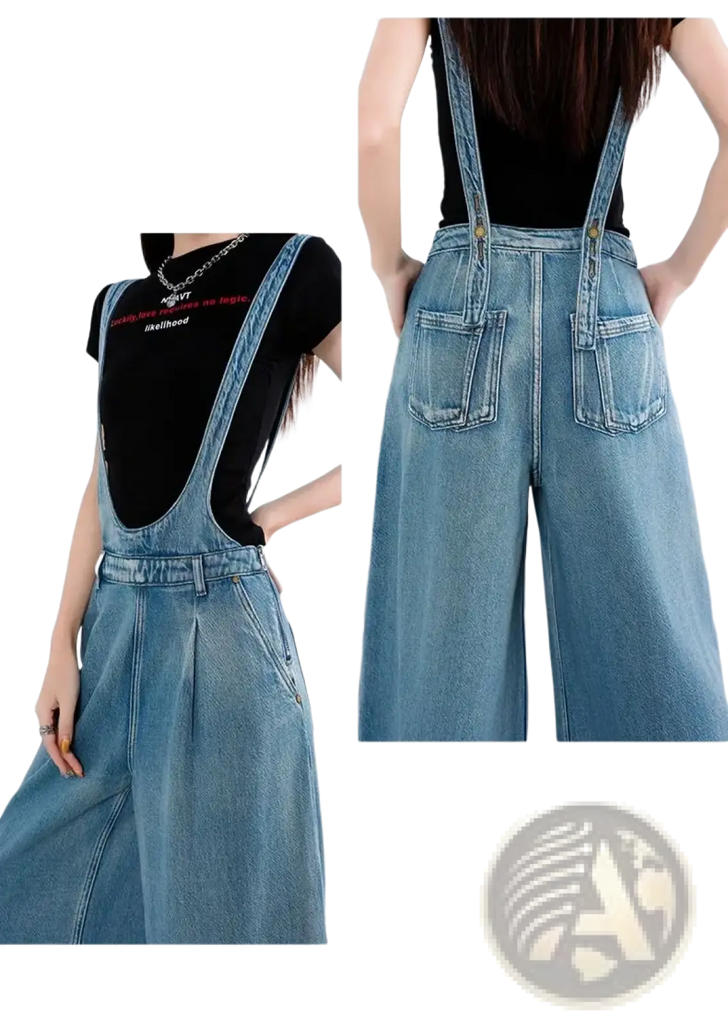 Light-wash denim wide leg overalls with adjustable shoulder straps and front pockets casual loose jeans pants