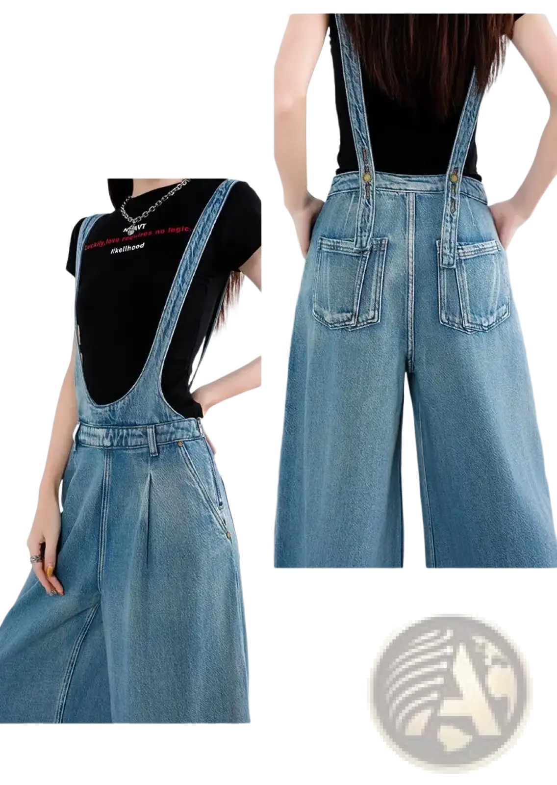 Light-wash denim wide leg overalls with adjustable shoulder straps and front pockets casual loose jeans pants