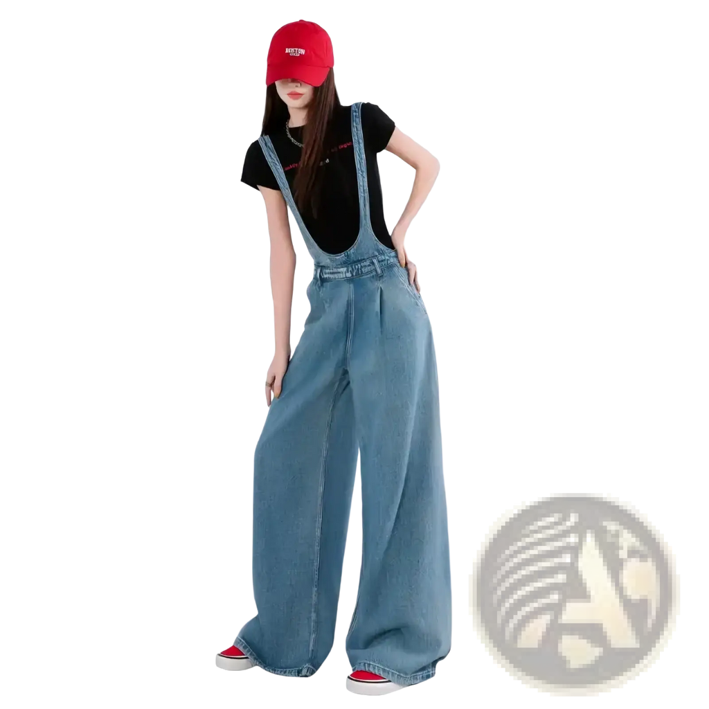 Light-wash denim wide leg overalls with classic suspenders for loose casual jeans pants wear