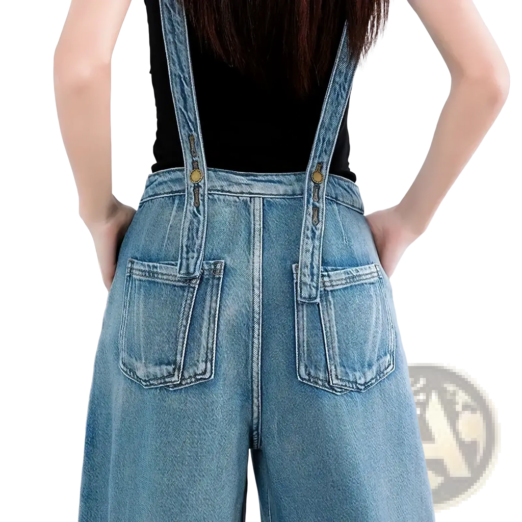 Light-wash denim wide leg overalls with adjustable gold-tone buttons and back pockets shown from the back side