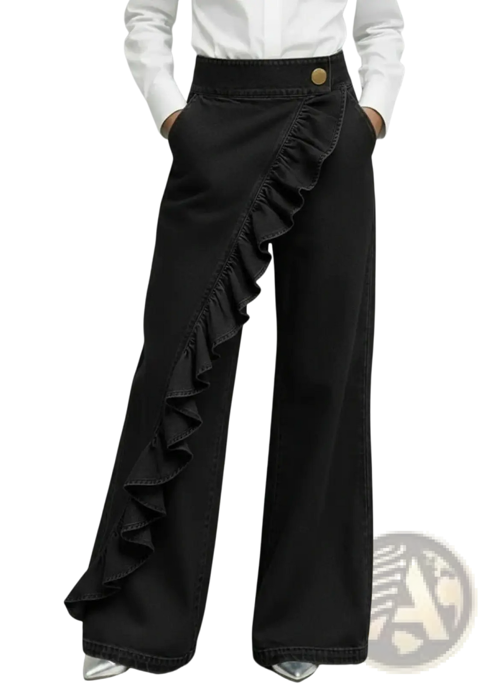 Black denim wide leg ruffle pants high waist with distinctive side ruffle panel and gold tone button at the waist